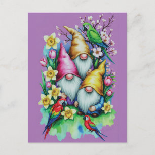 Postal Festiva Gnomos de jardín con loros y flores primaverales