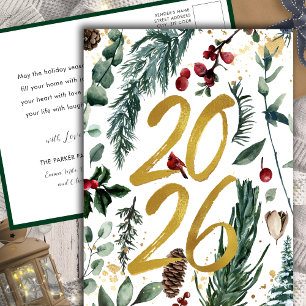 Postal Festiva Gold 2025 Navidades festivos Pine Bough Red Floral