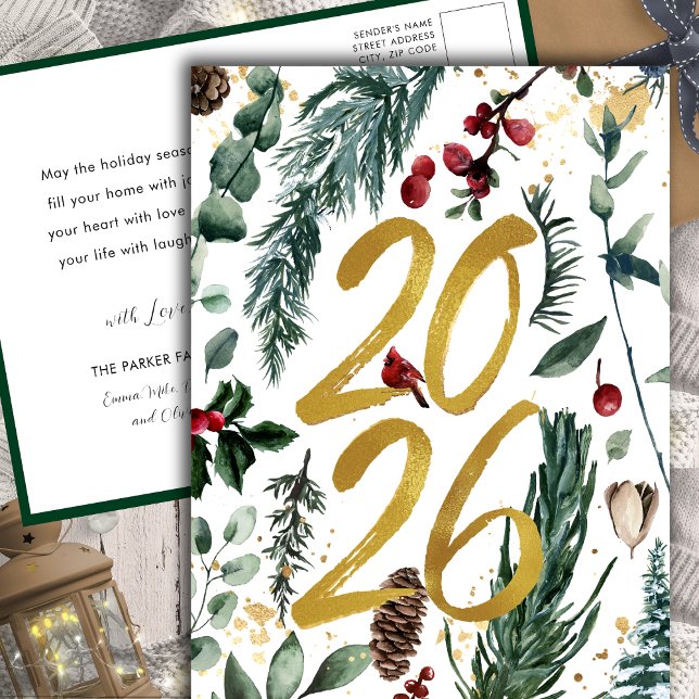 Postal Festiva Gold 2025 Navidades festivos Pine Bough Red Floral (Subido por el creador)