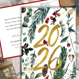 Postal Festiva Gold 2025 Navidades festivos Pine Bough Red Floral