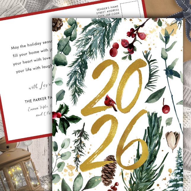Postal Festiva Gold 2025 Navidades festivos Pine Bough Red Floral (Subido por el creador)