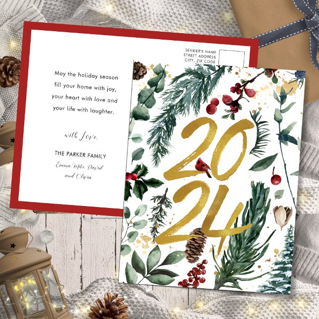 Postal Festiva Gold 2025 Navidades festivos Pine Bough Red Floral (Subido por el creador)