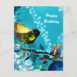 Postal Festiva Gold Elegant Happy Songbird Deseos Acuarela