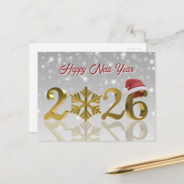 Postal Festiva Gold Happy New Year 2026 | Santa Hat and Snowflake