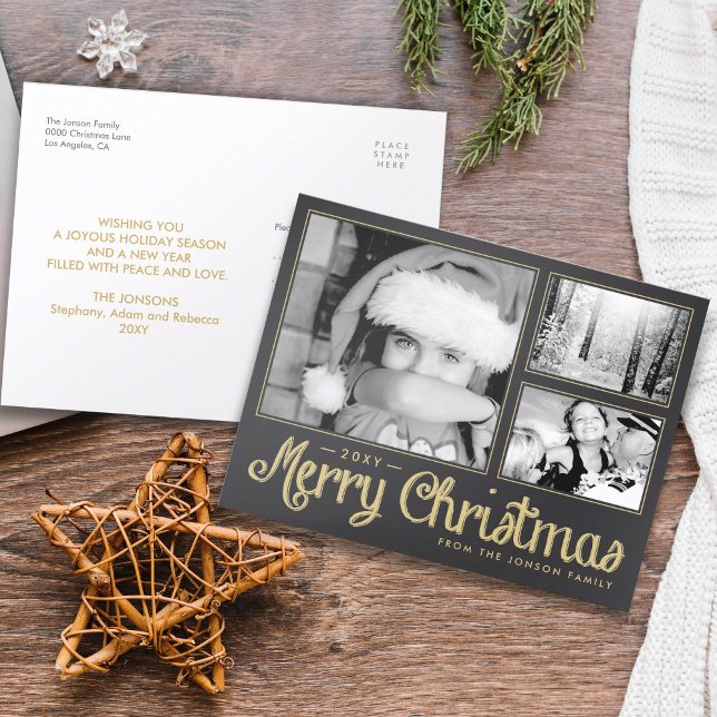 Postal Festiva Gold Merry Christmas 3 Photo Moderne Postcard (Subido por el creador)