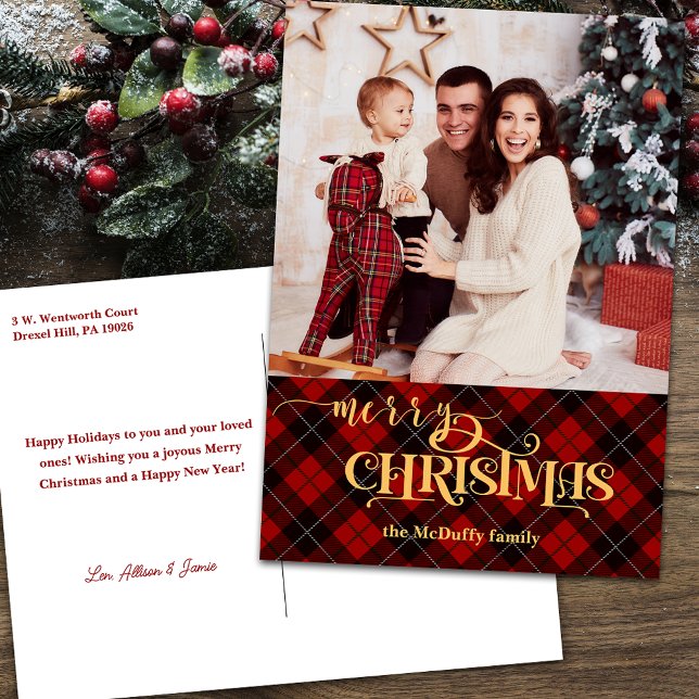 Postal Festiva Gold Merry Christmas on Red Tartan Photo (Subido por el creador)