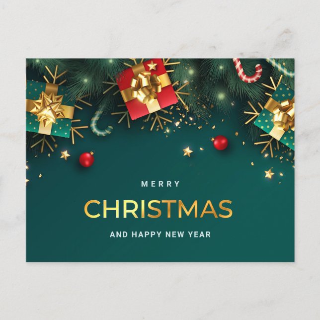 Postal Festiva Golden Green Christmas Ornament Corporate Greeting (Anverso)