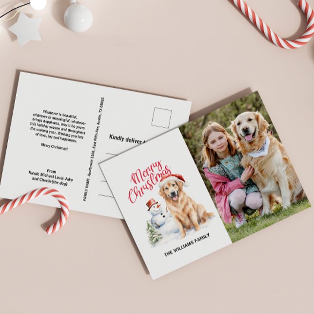 POSTAL FESTIVA GOLDEN RETRIEVE SANTA NAVIDADES FOTO ÚNICA (MERRY CHRISTMAS GOLDEN RETRIEVER POSTCARD SINGLE PHOTO CUSTOM RETURN ADDRESS AND MESSAGE)