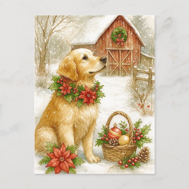 Postal Festiva Golden Retriever Christmas Watercolor Postcard (Anverso)