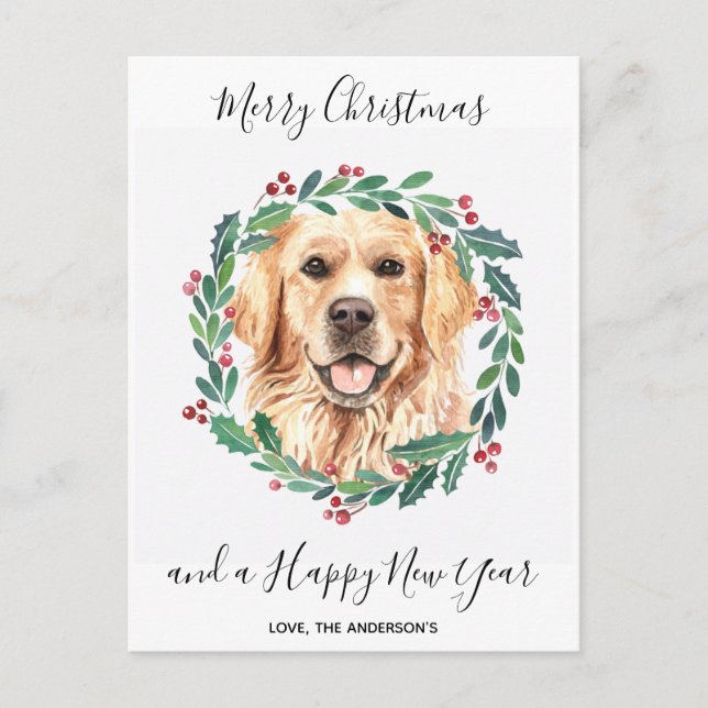 Postal Festiva Golden Retriever Dog Elegant Merry Christmas (Anverso)