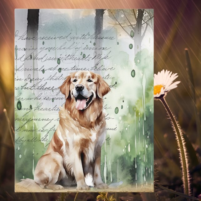 Postal Festiva Golden Retriever en lluvia primaveral acuarela vin (Subido por el creador)