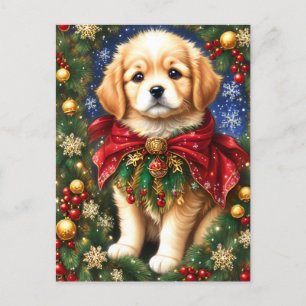 Postal Festiva Golden Retriever Puppy Christmas Tree Snowflakes