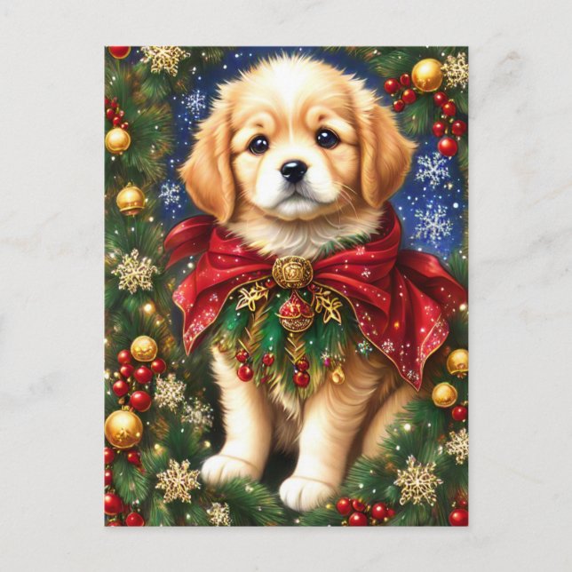Postal Festiva Golden Retriever Puppy Christmas Tree Snowflakes (Anverso)