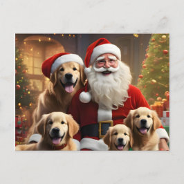 Postal Festiva Golden Retrievers, puppies and Santa Claus
