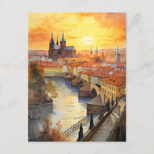 Postal Festiva Golden Sunset Over Praga