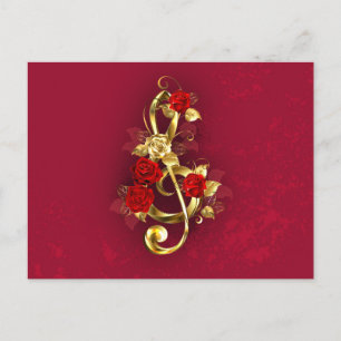 Postal Festiva Golden Treble Clef con flores Rosas