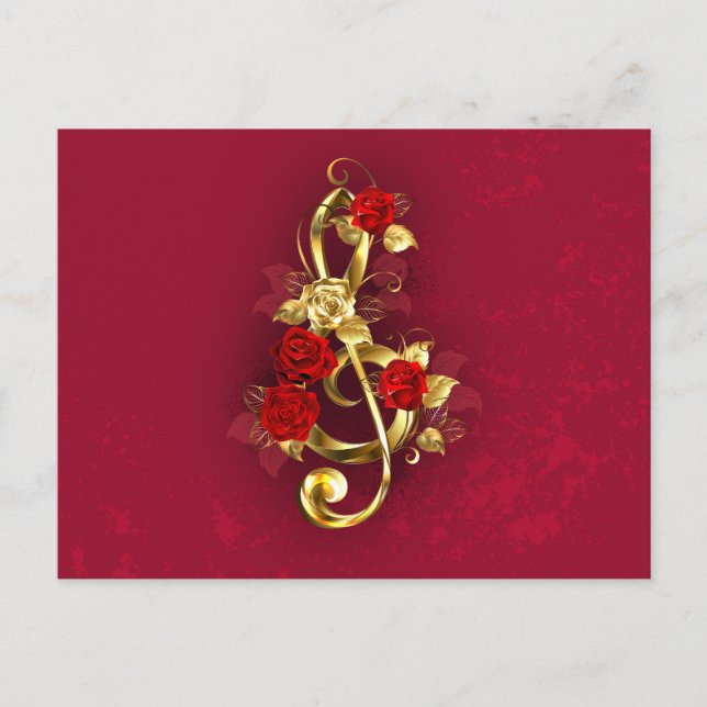 Postal Festiva Golden Treble Clef con flores Rosas (Anverso)