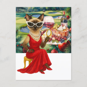 Postal Festiva Golf Cat bebe vino en Navidades del Campo de Golf