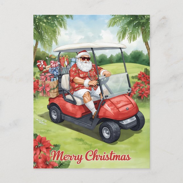 Postal Festiva  Golf ChristmasSanta driving golf cart (Anverso)