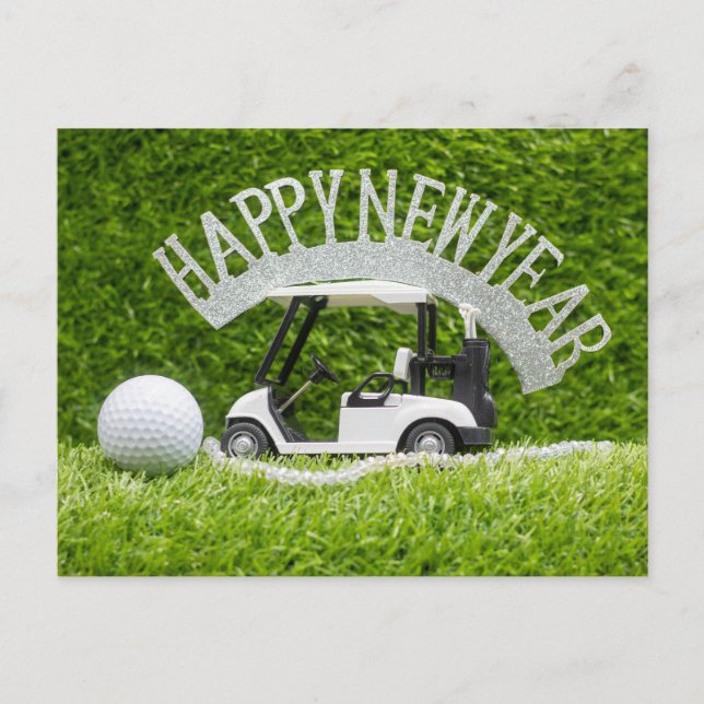 Postal Festiva Golf Feliz Año Nuevo con hierba verde para Golfer (Anverso)