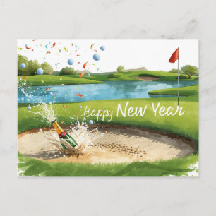 Postal Festiva Golf Feliz Año Nuevo de Bunker Mujer golfista