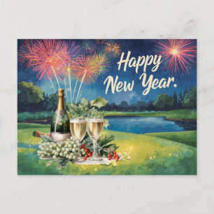 Postal Festiva Golf Feliz Año Nuevo desde campo de golf para golf
