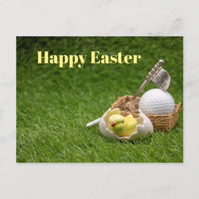 Postal Festiva Golf Feliz Pascua con pollo y pelota de golf (Anverso)