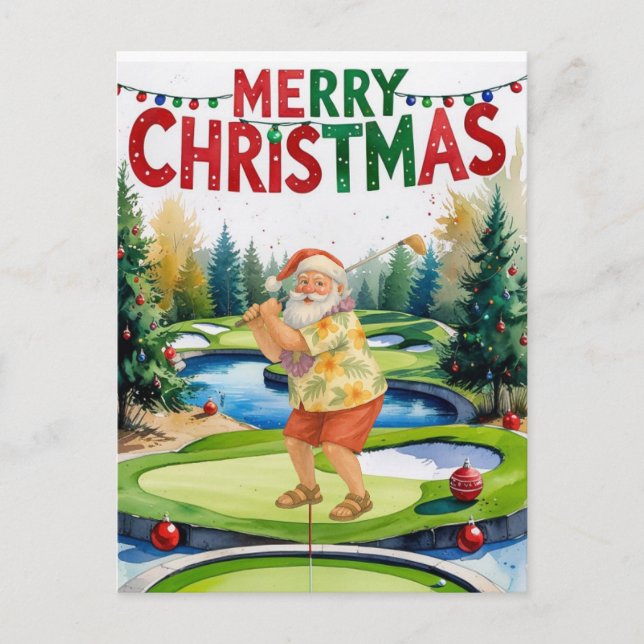 Postal Festiva Golf Merry Christmas Santa Golf en curso (Anverso)