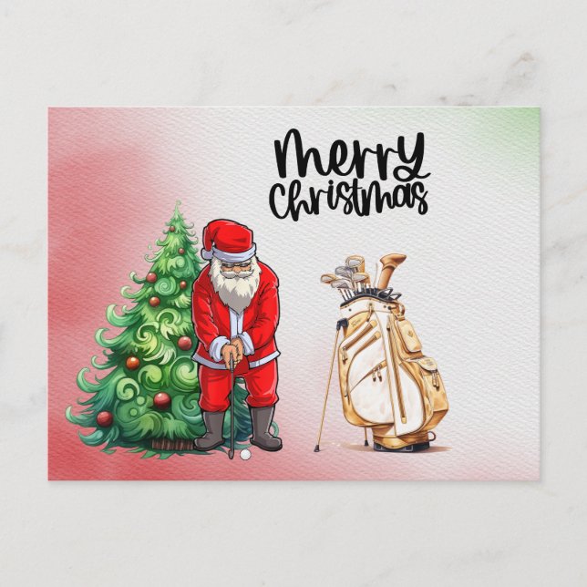 Postal Festiva Golf Santa Claus con regalo de Navidades para golf (Anverso)