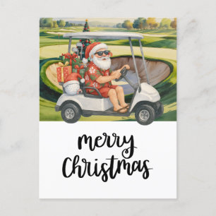 Postal Festiva Golf Santa conduciendo carrito de golf cerca de lo