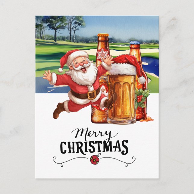 Postal Festiva Golf Santa y Cerveza para Navidades Funny (Anverso)