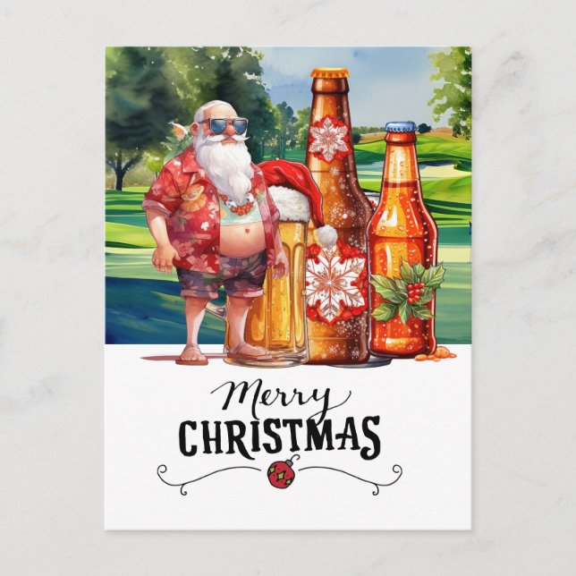 Postal Festiva Golf Santa y Cerveza para Navidades Verano diverti (Anverso)