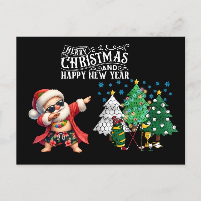 Postal Festiva Golf Season Grey con carrito de golf y flamingo (Anverso)