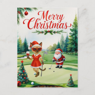 Postal Festiva Golf Siamese Cat en el campo de golf Navidades