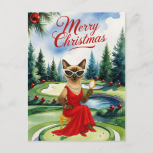 Postal Festiva Golf Siamese Cat en el campo de golf Navidades