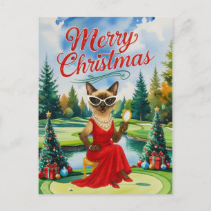 Postal Festiva Golf Siamese Cat en el campo de golf Navidades