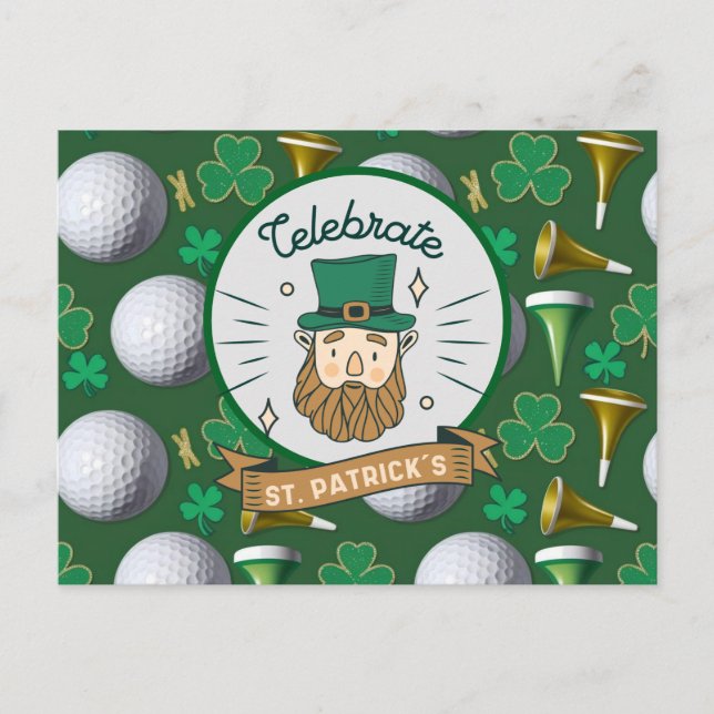 Postal Festiva Golf St. Patrick's Day con bola de golf para golfi (Anverso)