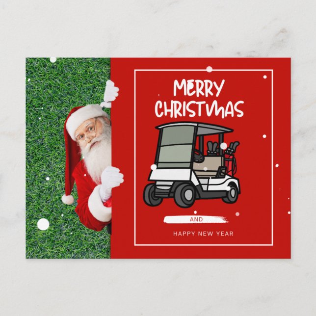 Postal Festiva Golfer Santa Claus con carrito de golf Feliz Navid (Anverso)