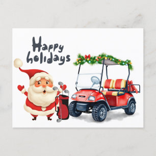 Postal Festiva Golfer Santa Claus con carrito de golf para Navida