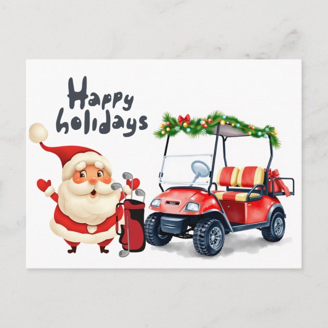 Postal Festiva Golfer Santa Claus con carrito de golf para Navida (Anverso)