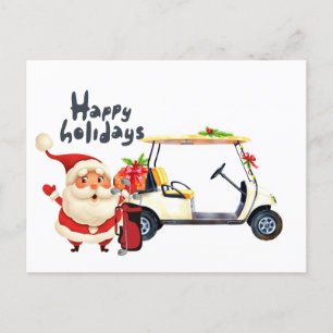 Postal Festiva Golfer Santa Claus con carrito de golf para Navida