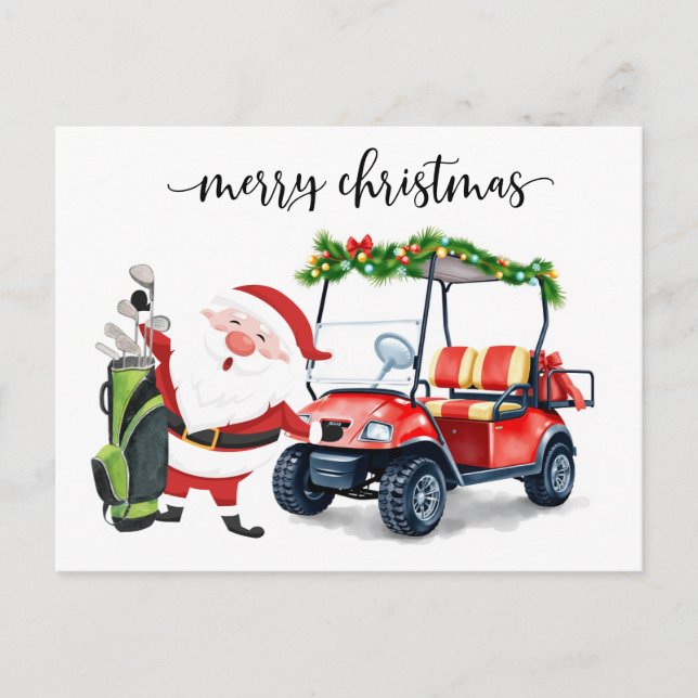 Postal Festiva Golfer Santa Claus con carrito de golf para Navida (Anverso)