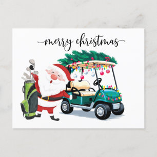 Postal Festiva Golfer Santa Claus con carrito de golf para Navida