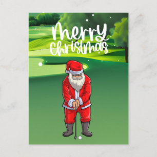Postal Festiva Golfer Santa Claus jugando al golf en verde sobre