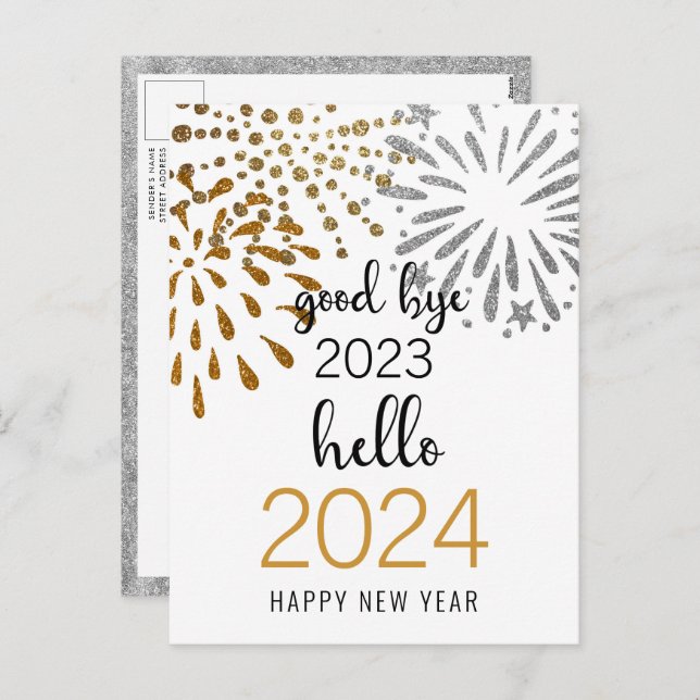 Postal Festiva Good Bye 2023 Hello 2024 Festive Fireworks Gold (Anverso / Reverso)