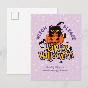 Postal Festiva Gorda Bruja Gato Negro Por Favor Feliz Halloween