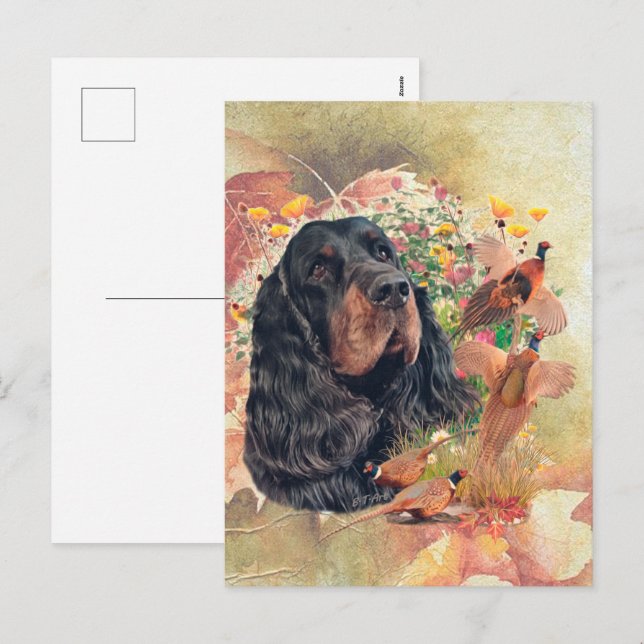 Postal Festiva Gordon setter con faisanes, arte (Anverso / Reverso)