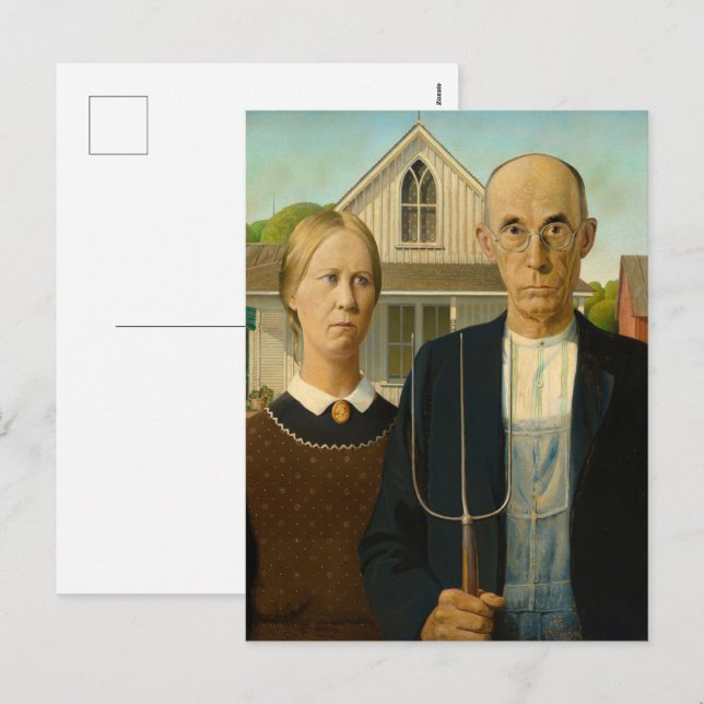 Postal Festiva Gótico americano por Grant Wood (Anverso / Reverso)