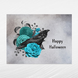 Postal Festiva Gótico Floral Verde Acuático Cuervo Halloween