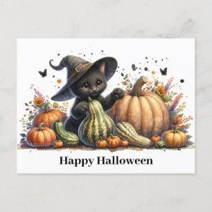 Postal Festiva Gourds de Halloween Black Witch's Kitten W/ Pumpki